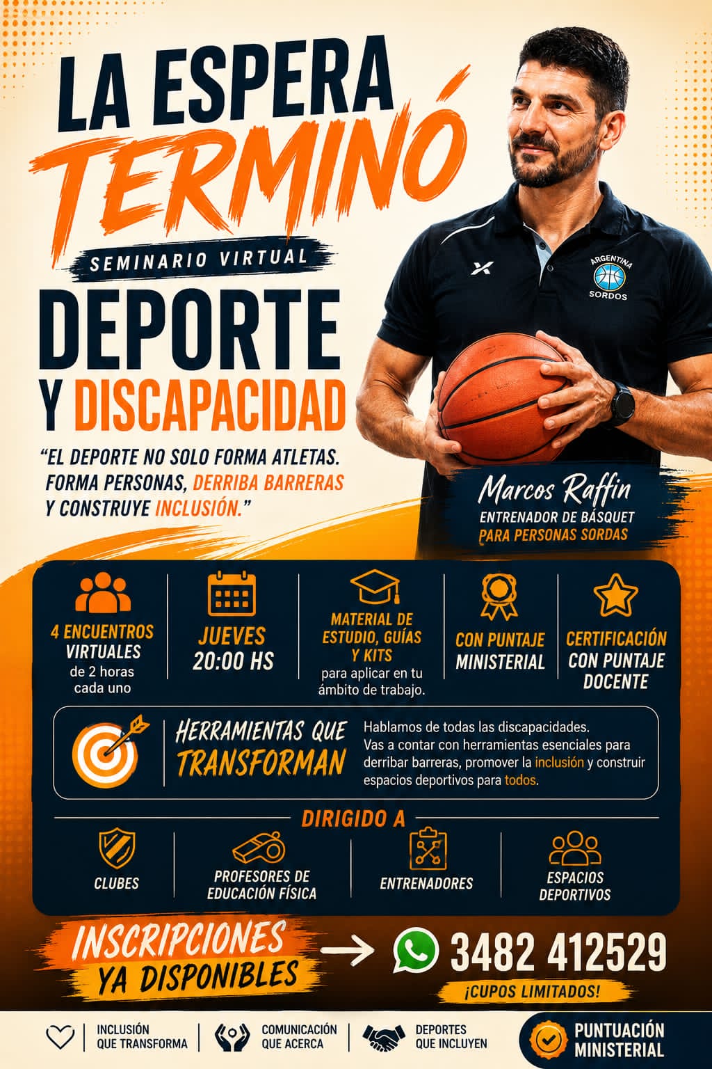 Inscripciones abiertas para el Seminario Virtual "Deporte y Discapacidad" con Marcos Raffin