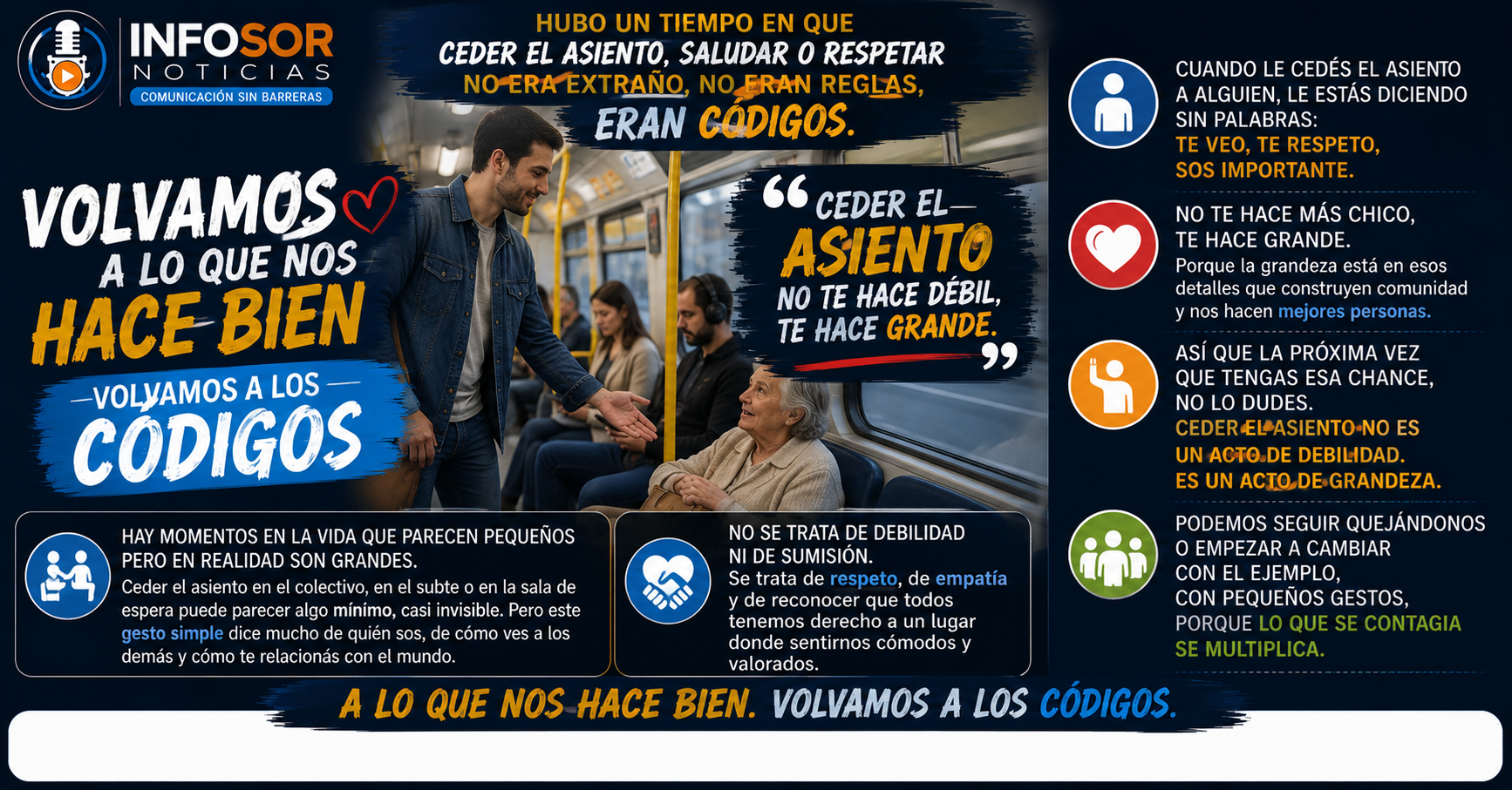 Hubo un tiempo en que ceder el asiento, saludar y respetar no necesitaba ser una obligación: eran códigos de convivencia. Hoy, recuperar esos pequeños gestos puede ser una manera sencilla de volver a construir una sociedad más empática, respetuosa y 