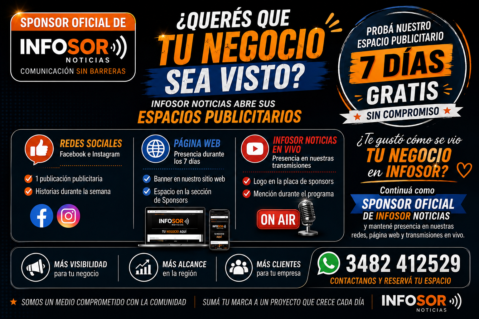 📣 TU NEGOCIO PUEDE SER VISTO: SUMATE COMO SPONSOR OFICIAL DE INFOSOR NOTICIAS