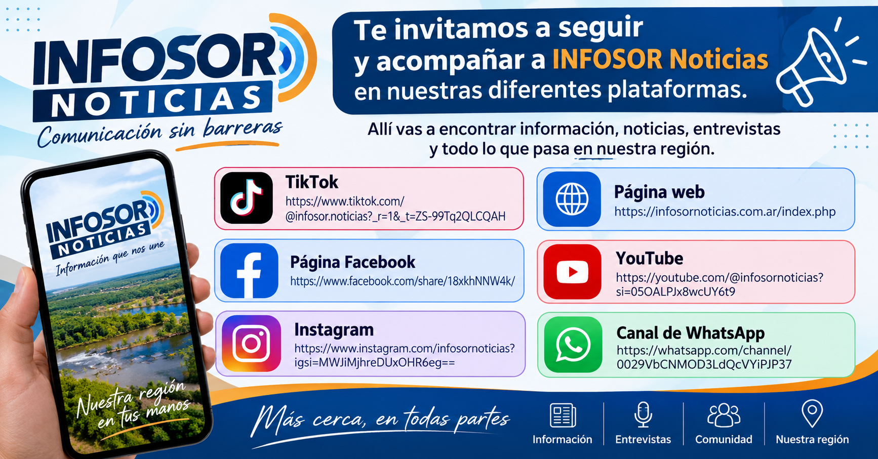 INFOSOR NOTICIAS, CADA VEZ MÁS CERCA: SEGUINOS EN TODAS NUESTRAS PLATAFORMAS