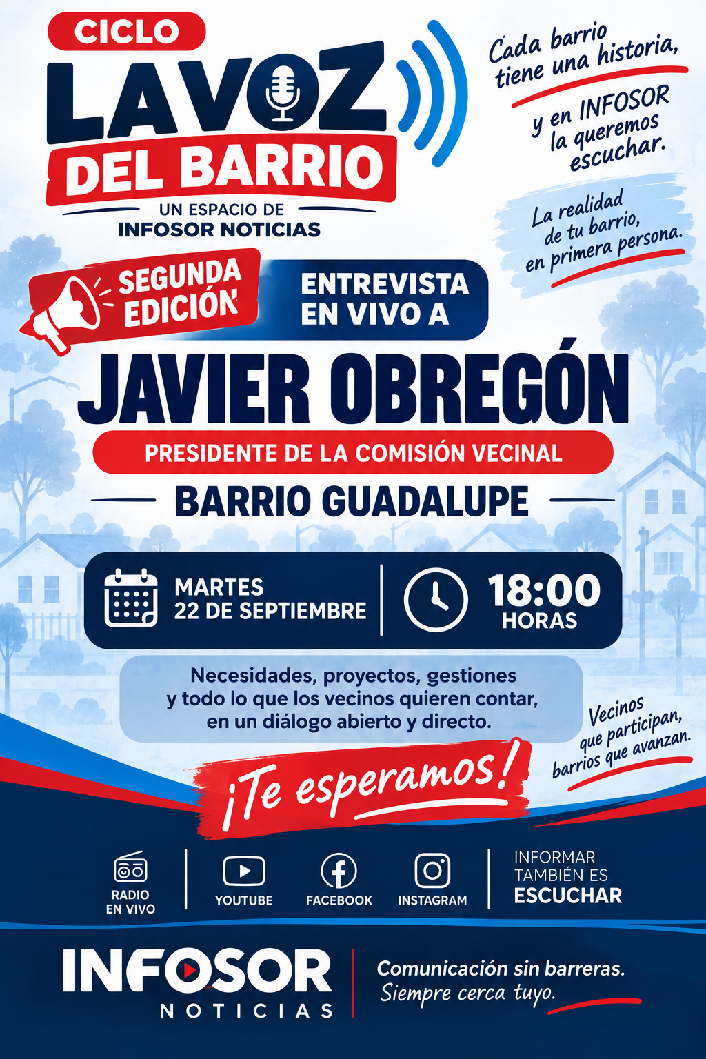 “La Voz del Barrio” llega a barrio Guadalupe: Javier Obregón será el segundo invitado de INFOSOR Noticias