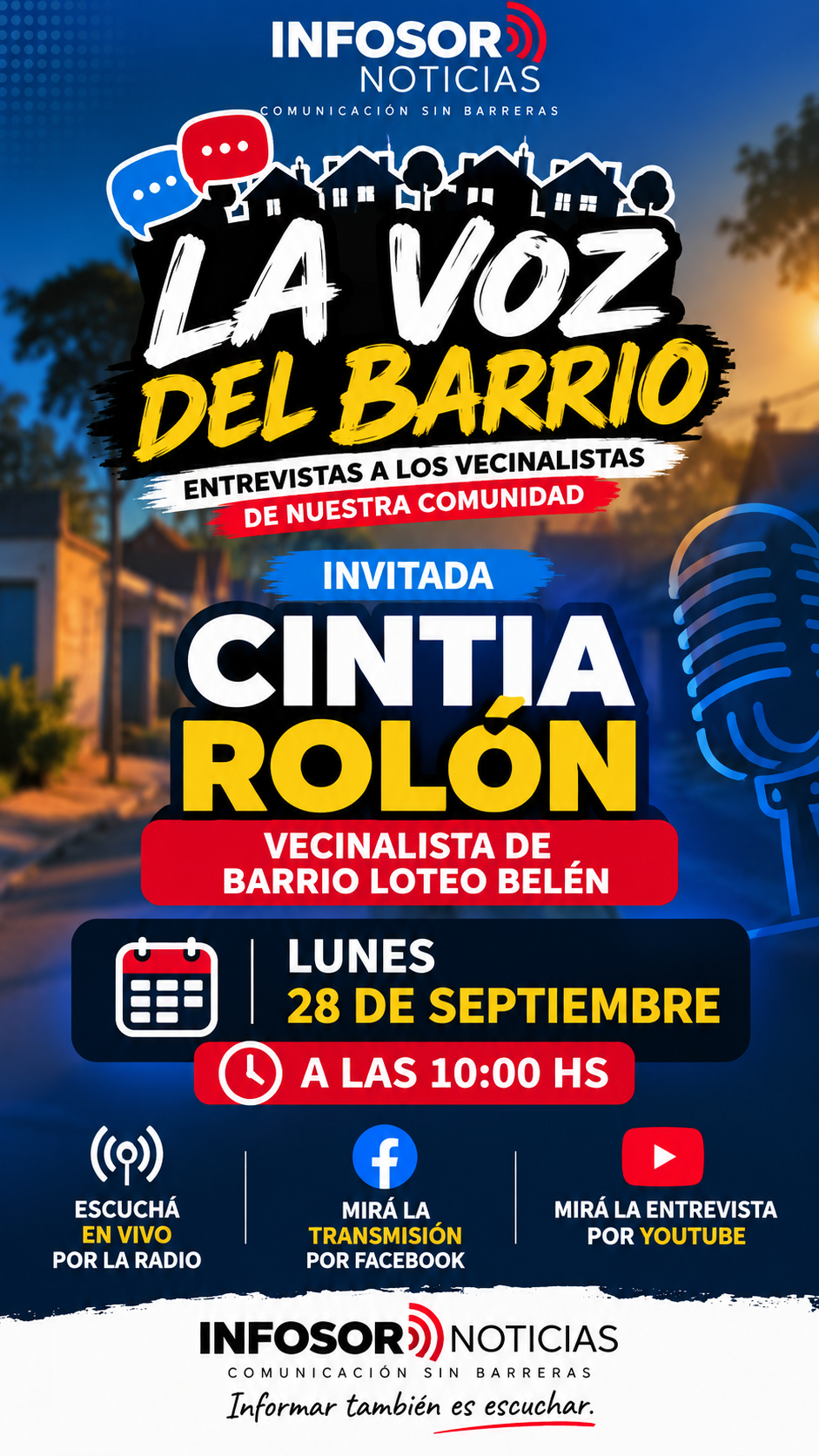 “La Voz del Barrio” llega a Loteo Belén: Cintia Rolón será la próxima invitada de INFOSOR Noticias