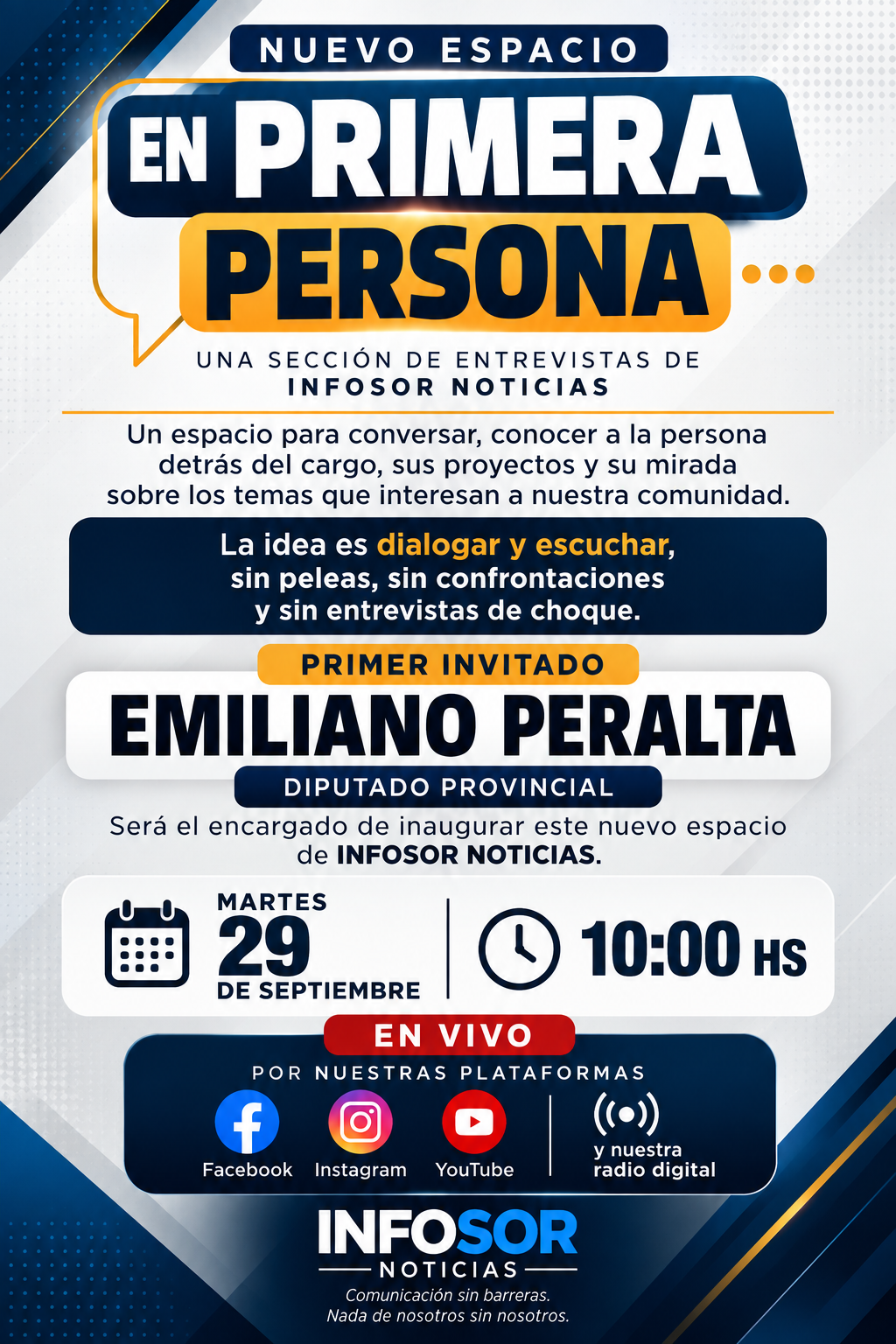 Emiliano Peralta inaugurará “EN PRIMERA PERSONA” en INFOSOR Noticias