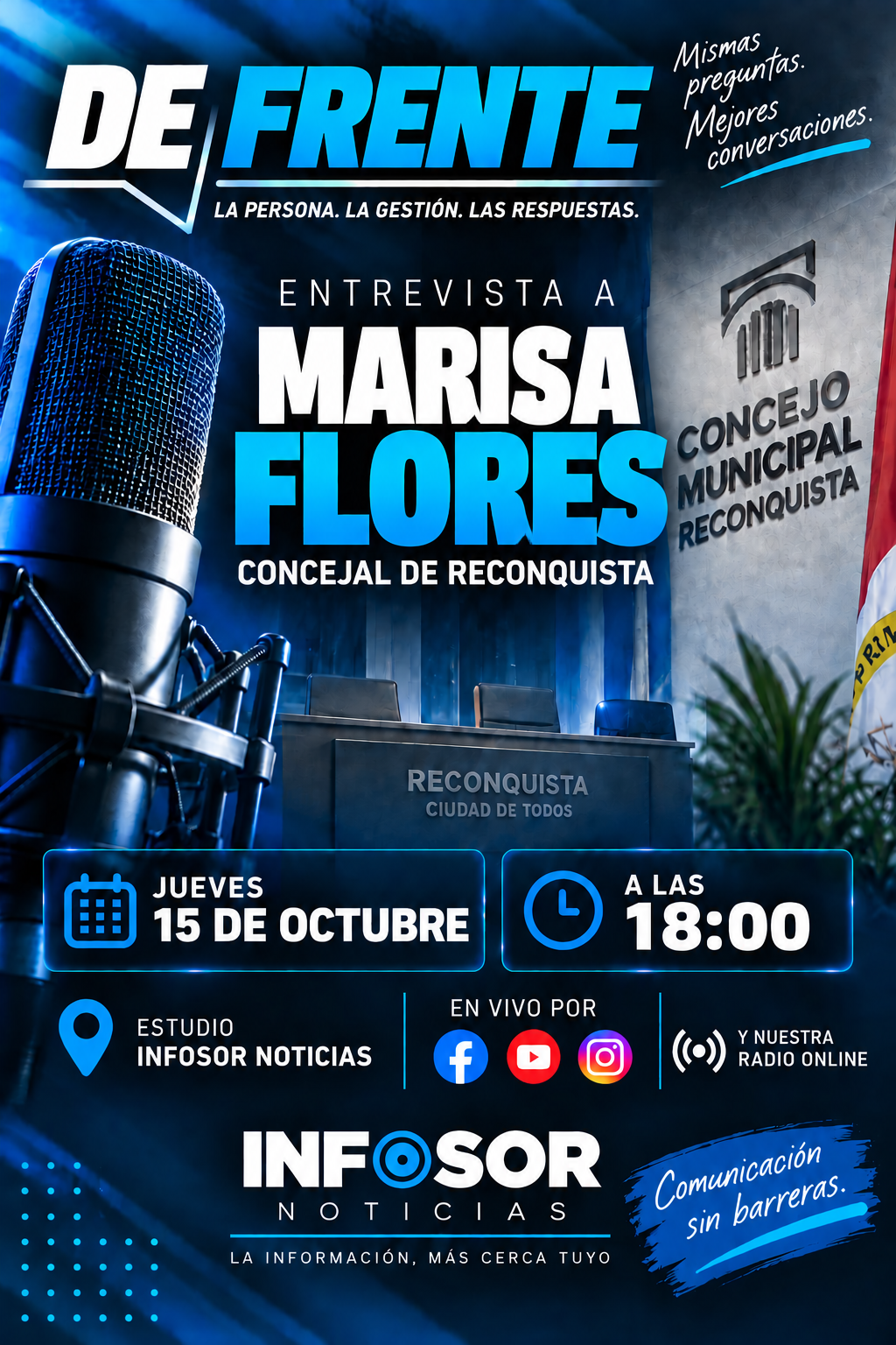Marisa Flores será entrevistada en una nueva edición de DE FRENTE  INFOSOR Noticias presenta una nueva edición de DE FRENTE – La persona. La gestión. Las respuestas., el espacio de entrevistas que busca conocer a quienes tienen responsabilidades pú