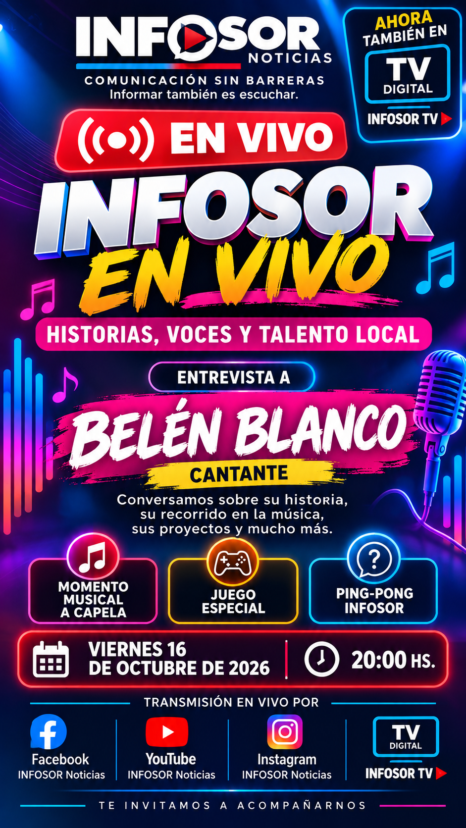 Belén Blanco llega a INFOSOR EN VIVO para compartir su voz y su historia musical
