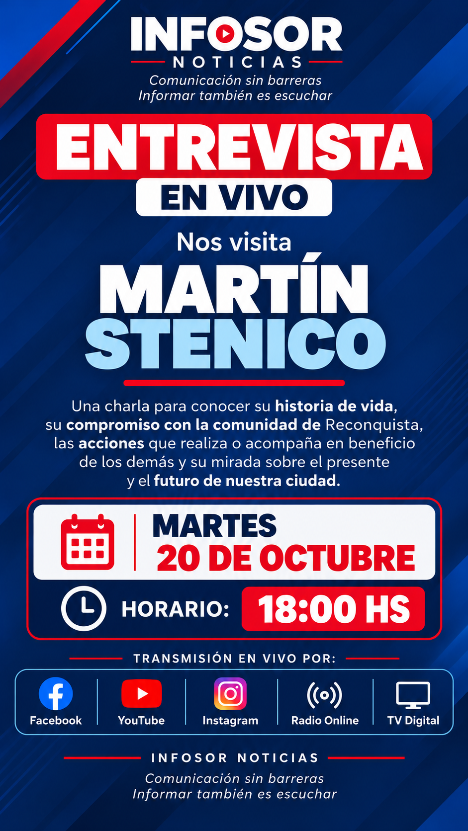 Martín Stenico llega a INFOSOR Noticias para compartir su historia de vida y su mirada sobre la comunidad